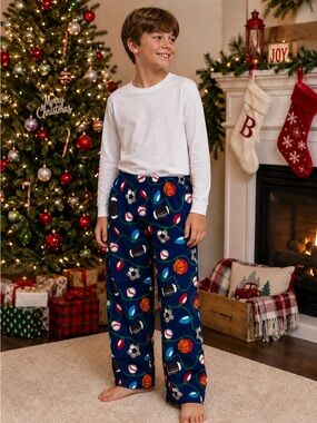 Christmas Sports Fleece Pajama Pants Boy L 10-12 Football Soccer Baseball Basket